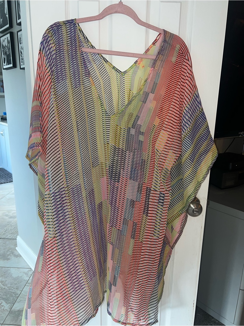 Echo Multicolor Sheer V-Neck Tunic - Yellow, Pink, Orange, Purple